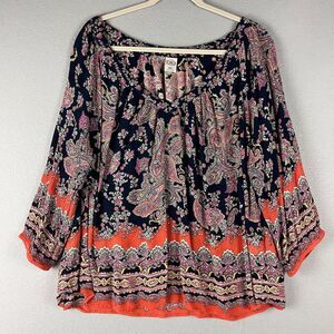 Bila Paisley Top Womens XXL 2XL V Neck 3/4 Sleeve Colorful Boho Peasant Relaxed